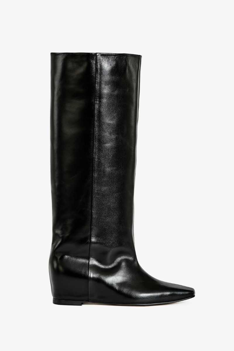 40mm Regina Wedge-Heel Long Boots (Black)